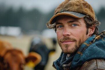 Fototapeta premium A cowboy in a worn cap with snowflakes on it braves cold weather, with cows in the background