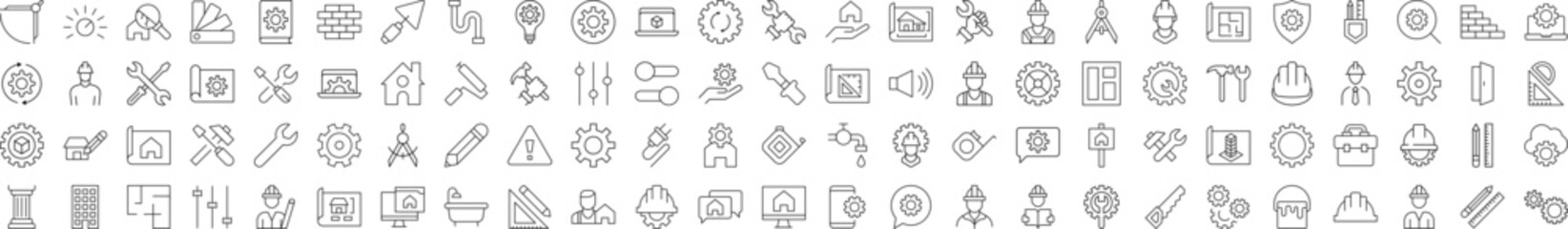 Line Signs of Repair, Renovation, Building, Construction for Advertisement. Suitable for books, stores, shops. Editable stroke in minimalistic outline style. Symbol for design