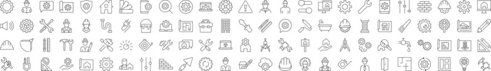 Collection of Icons of Repair, Renovation, Building, Construction for Shops and Stores. Suitable for books, stores, shops. Editable stroke in minimalistic outline style. Symbol for design