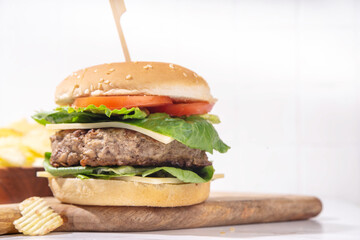 Tasty beef meat burger  with potato chips and burger sauce, Tasty homemade cheeseburger with cutlet, cheese and vegetables, mouth-watering delicious food on white background copy space