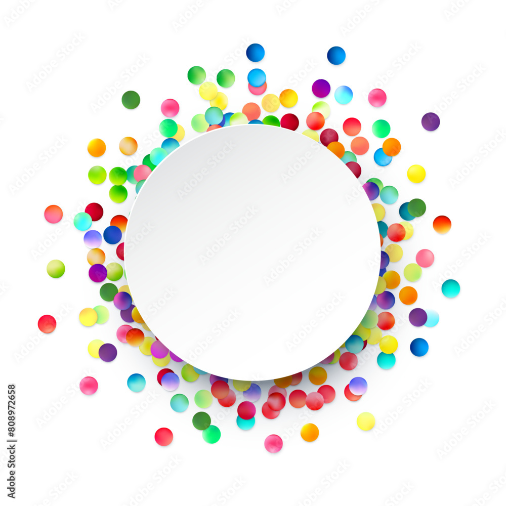 Poster a white circular frame surrounded by a lively array of multicolored dots, perfect for joyful celebra