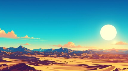 Summer vector illustration with beautiful background. Desert, sand, mountains, grass, cactus, sky, sun and clouds.