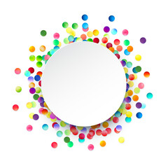 A white circular frame surrounded by a lively array of multicolored dots, perfect for joyful celebrations and vibrant announcements.