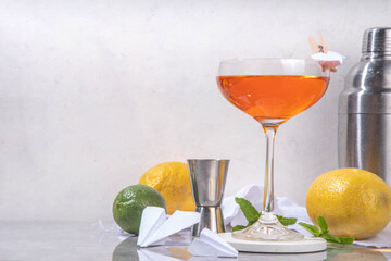 Paper plane boozy alcohol cocktail with Bourbon, whiskey, amaro, aperol aperitif, fresh lemon juice...