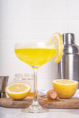 Sweet and sour boozy alcohol bee's knees cocktail. Homemade citrus honey bees knees drink with ingredients, on white background with hard light and bar utensils