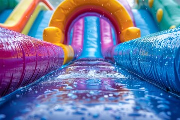 A vibrant close-up of a wet inflatable water slide, highlighting the colors and refreshing water droplets on a sunny day