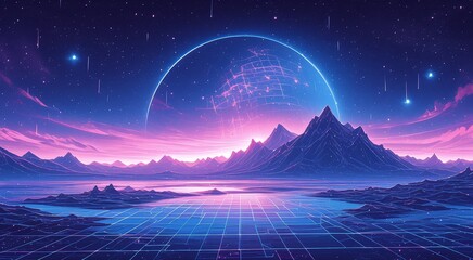 A synthwave landscape with grid lines, mountains in the background and purple neon sun