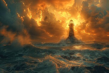 lone lighthouse stands sentinel against the crashing waves illustration
