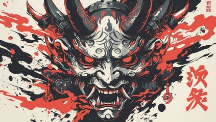 Oni mask in the style of Japanese style tattoo art and a black ink illustration surrounded by fire elements, simple shapes, and a smoke effect