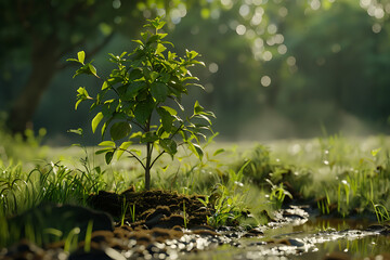 A small green tree emerging from underground, symbolizing growth, nature, and renewal.