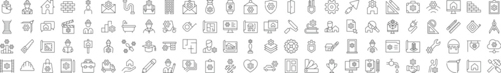 Line Signs of Repair, Renovation, Building, Construction for Advertisement. Suitable for books, stores, shops. Editable stroke in minimalistic outline style. Symbol for design