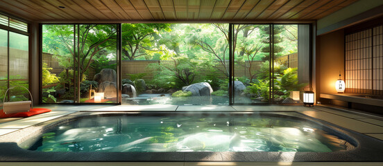 Serene Japanese Ryokan Hot Spring Bath with Traditional Architecture, Lush Garden View
