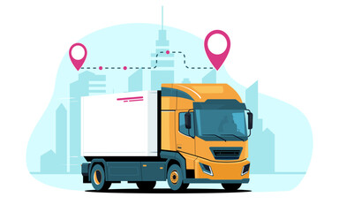 Box truck drives quickly to its destination on the background of an abstract cityscape. Vector illustration.
