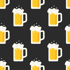 Beer mugs vector seamless pattern. Stylized glasses on black background. Best for textile, wallpapers, wrapping paper, package and bar decoration.