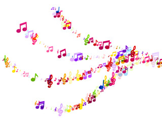 A dynamic swirl of colorful music notes floating on a white background, capturing the essence of rhythm and movement in music.
