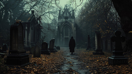 Silhouette of man walking at cemetery at night. Horror Halloween concept