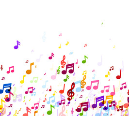 A playful scattering of colorful music notes against a white backdrop, capturing the joy and rhythm of music.