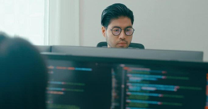 Closeup Adult Asia female freelance typing write prompt AI bot IT app smart program nomad, video game, terminal with coding language, user interface, designer, big data center on desktop computer.