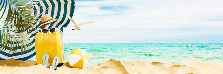 Summer travel concept background. Yellow luggage on sand beach and beautiful sea view. 3D...