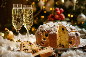 Holiday Cheers: Sparkling Wine with Festive Panettone. Elegantly fluted glasses of sparkling wine...