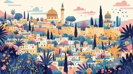 A pattern of Jerusalem's old city with its domes and towers