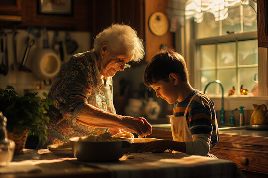 Generational Bond: Grandmother and Grandchild Baking Together. A heartwarming moment in a sunlit kitchen where a grandmother teaches her grandchild to bake.