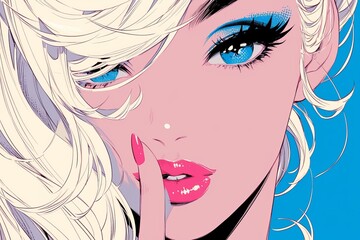 A pop art comic book style close up of blonde woman with blue eyes and red lipstick 