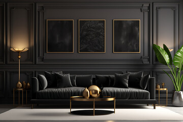 Modern living room space, modern interior design, monochromatic black color scheme
