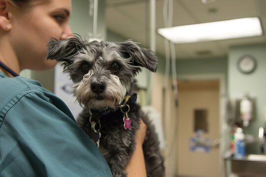 Veterinarian woman carrying schnoodle dog in vet clinic for  an annual visit and checkup, vet and dog concept, Generative AI