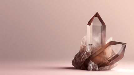 Elegant smokey quartz and clear crystal formations on a soft pink background. Minimal background with empty copy space for design. Generative AI