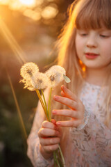 children's photo session with dandelions and a butterfly at sunset
