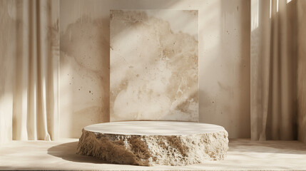 Stone pedestal in a serene minimalist beige room. Minimal natural background for product presentation. Copy space. Generative AI