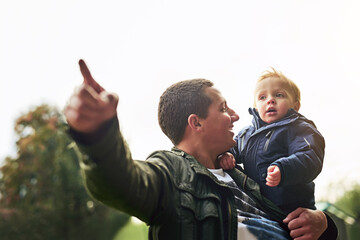 Pointing, dad and kid in nature with happy fun, showing and bonding in outdoor garden. Father, son...