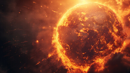 A fiery planet with a bright orange sun in the background