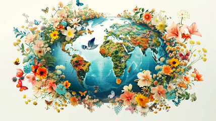 Rich biodiversity that adorns our world, with a map of Earth encircled by a vibrant array of flora and fauna. 