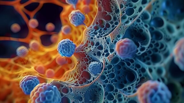 Close-up of human cells, internal structure of the organism under the microscope