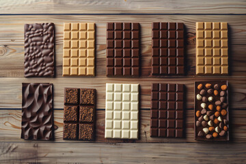 Top view of set with different chocolate bars on wooden background