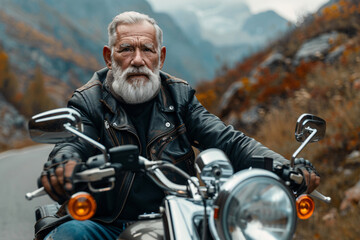 Fototapeta premium Senior man on bike in black jacket rides on motocycle in mountains