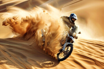 Extreme racer on motorbike in the golden sandy desert