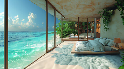 Island Idyll: Welcoming Bedroom with Exotic Plant Accents,generated by IA
