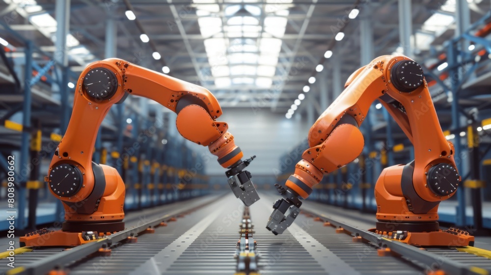 Poster Two robotic arms with grippers engaged in precision tasks on a production line.