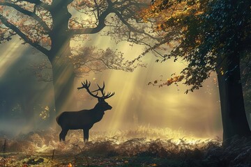 serene misty forest with sun rays and silhouette of deer landscape photography