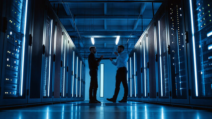 IT workers meeting in modern data center server room, Networking equipment and racks inside secure, high-tech corporate facility