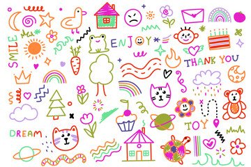 Cute kid scribble doodle icons set. Various icons such as hearts, stars, speech bubbles, arrows, lines. Hand drawn childish funny simple vector illustrations.