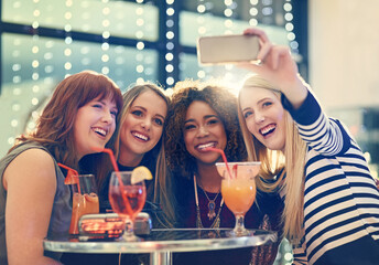 Cocktail, mojito and women with club selfie, smile or happy hour with bonding photography. Friends,...