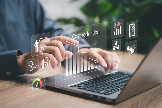 Cost reduction management Concept, Businessman using laptop to analyse cost and budget management, Strategy Financial, Data, Marketing target, Effective business, Expense reduce, Quality increase
