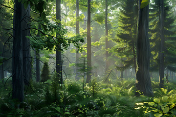 A serene forest landscape with tall trees and lush vegetation, showcasing the beauty and tranquility of nature.