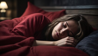 Woman sleeping in a relaxed bed, red linens, closeup. Young woman sleeping in bed at home close-up. Dark gloomy style