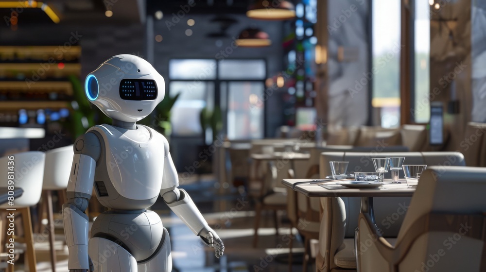 Poster a robot is positioned in front of a table inside a restaurant, appearing ready to interact with gues