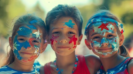 Fototapeta premium Joyful Children Celebrating American Independence with Vibrant Flag-Inspired Face Paint